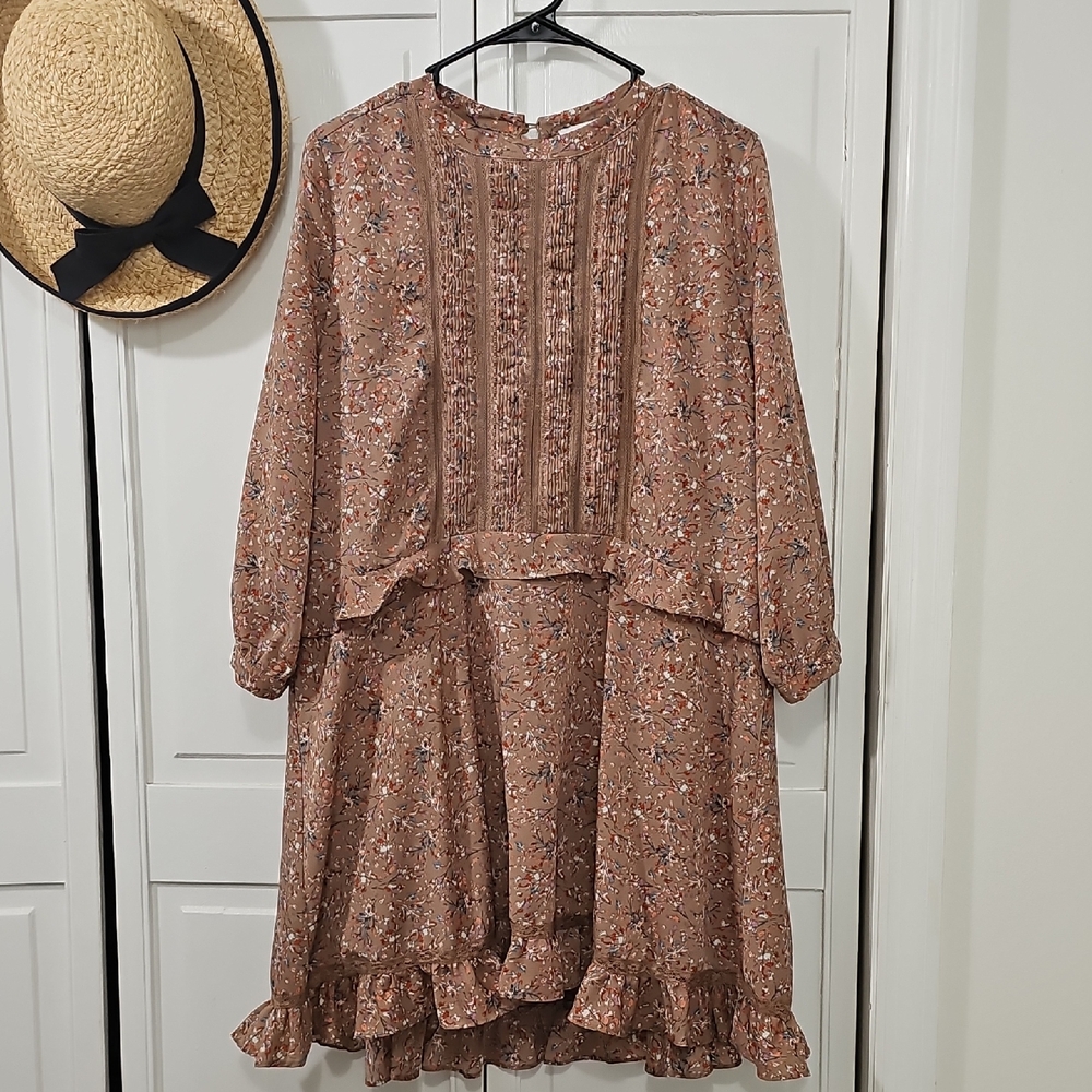 Choklate Dusty Mauve Floral Pintuck Long Sleeve Dress
